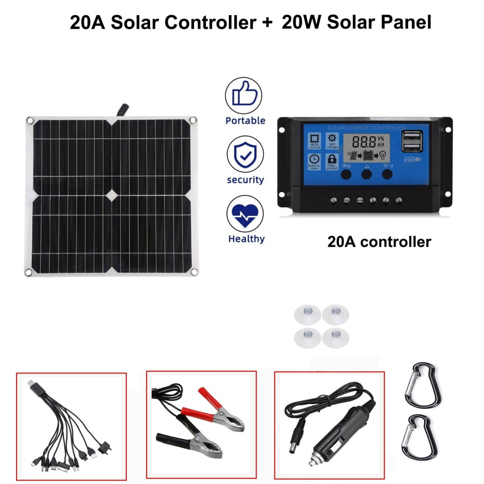 (panel with 20A) 20W Solar Panel USB 5V DC 12V With 10/20/30A Controller Flexible Solar cells for Car Yacht Battery Charger Camping Waterproof