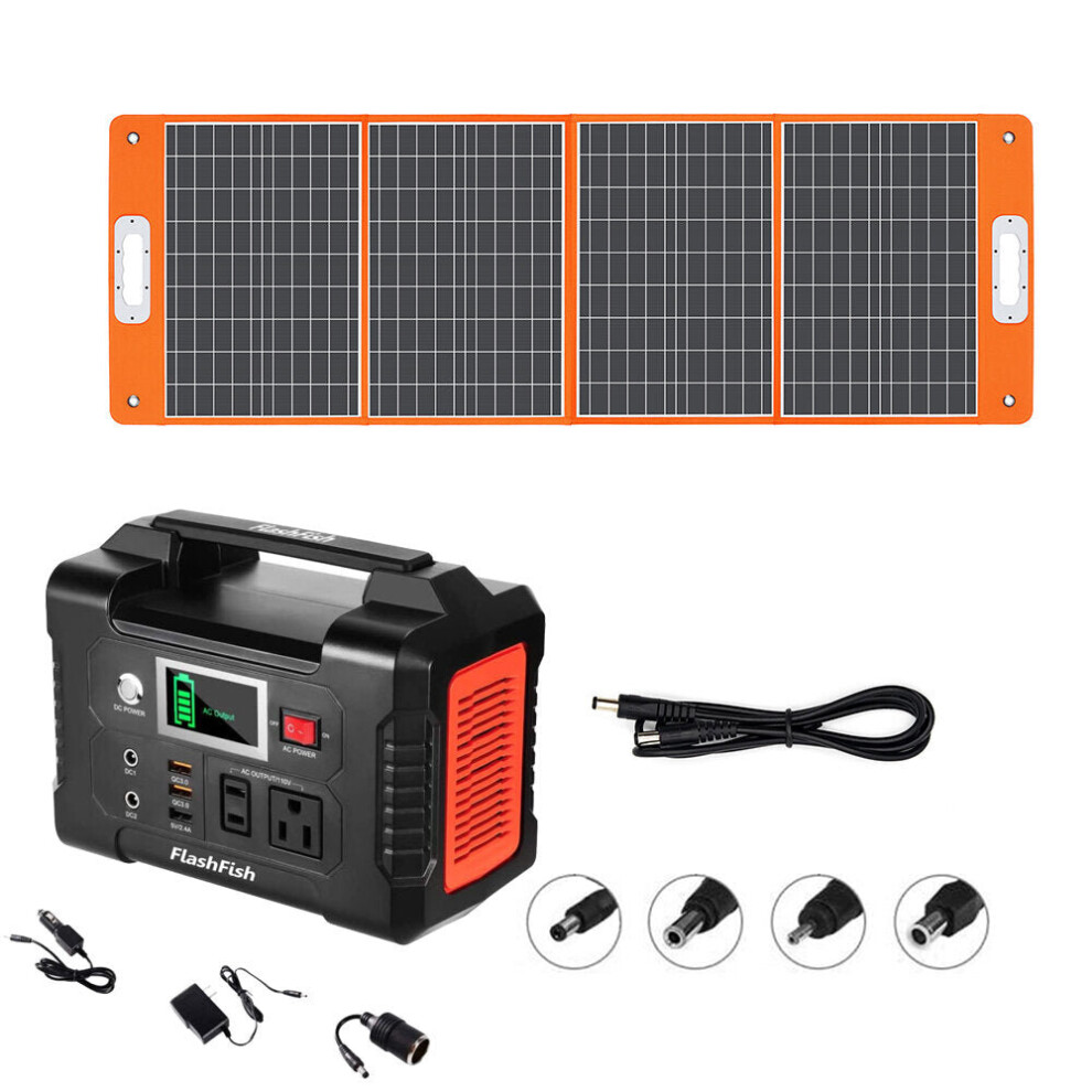 200W 40800mAh Portable Power Station With 110V AC Outlet/2 DC Ports/3 USB Ports+18V 100W Foldable Solar Panel With PD Type-c QC3.0 Backup Battery Kit