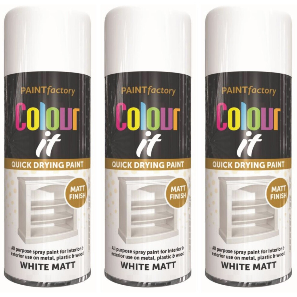 3 x 250ml COLOUR IT WHITE MATT SPRAY PAINT CAN DIY PLASTIC METAL WOOD