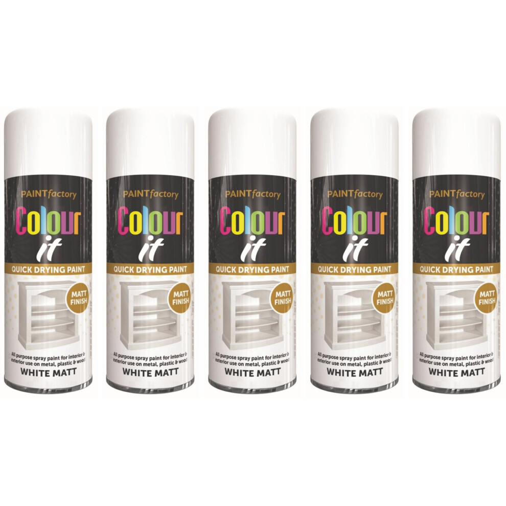 5 x 250ml COLOUR IT WHITE MATT SPRAY PAINT CAN DIY PLASTIC METAL WOOD