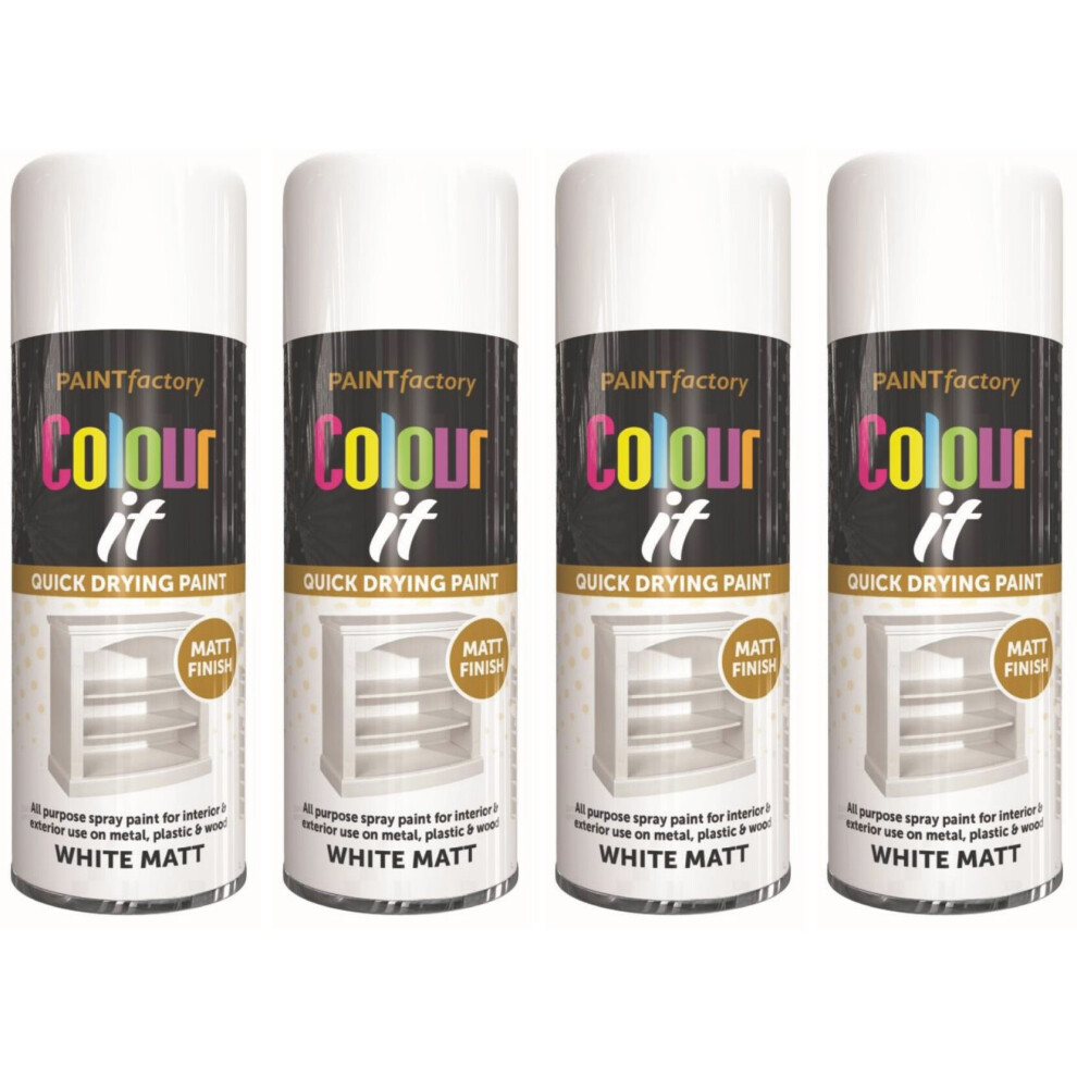 4 x 250ml COLOUR IT WHITE MATT SPRAY PAINT CAN DIY PLASTIC METAL WOOD