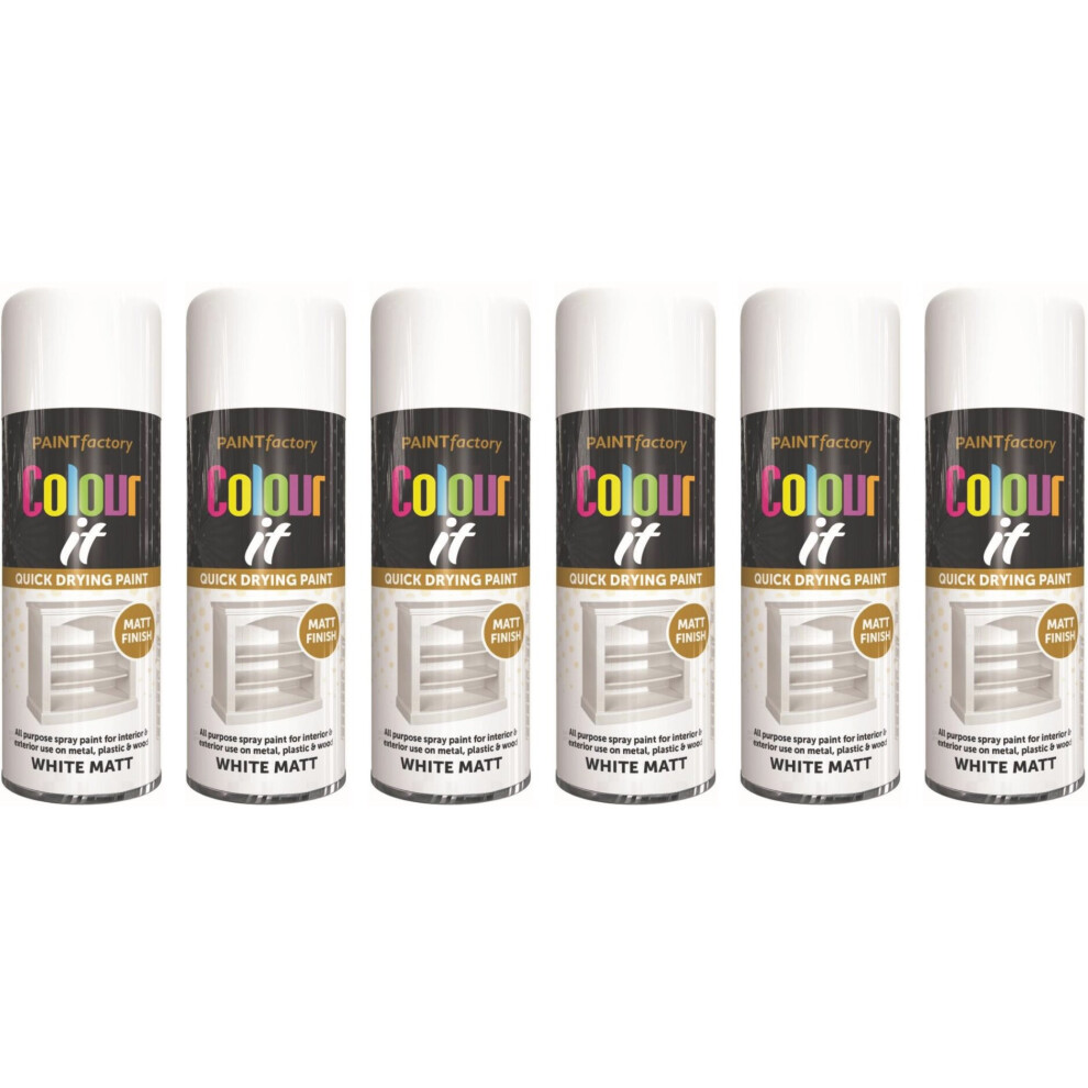 6 x 250ml COLOUR IT WHITE MATT SPRAY PAINT CAN DIY PLASTIC METAL WOOD