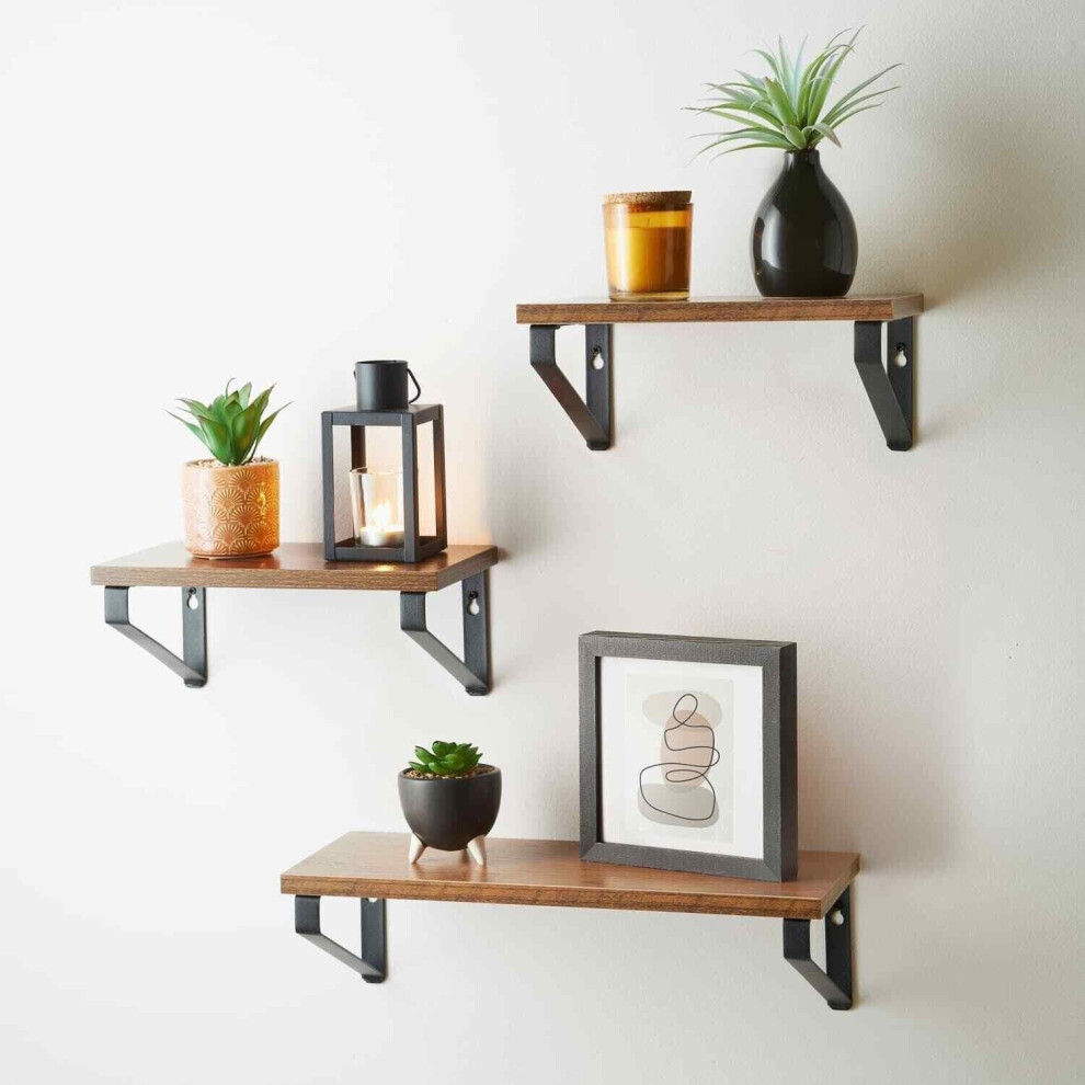 Set Of 3 Shelves Black Metal With Wooden Shelf Floating 3 Tier Wall Shelves 1000565897830