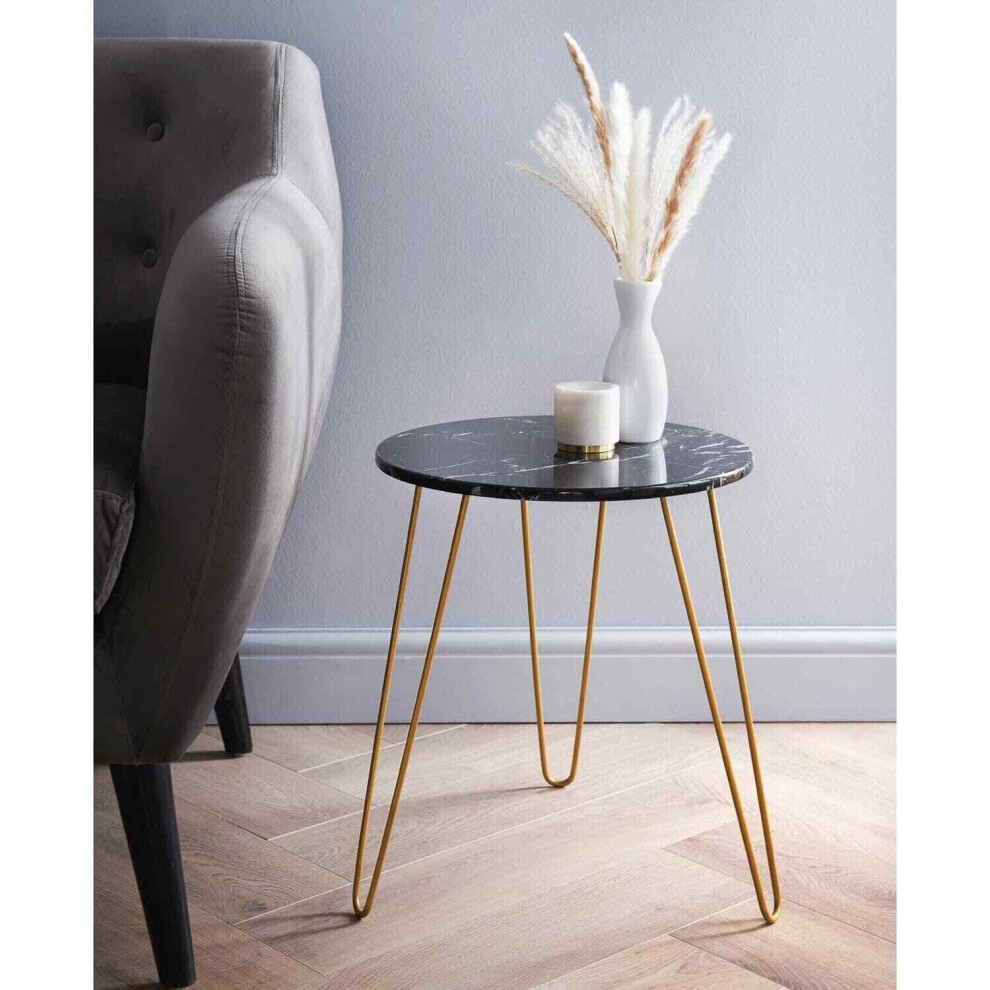 Malvern Black Marble Finish Round Side Table Gold Finish Legs coffee table