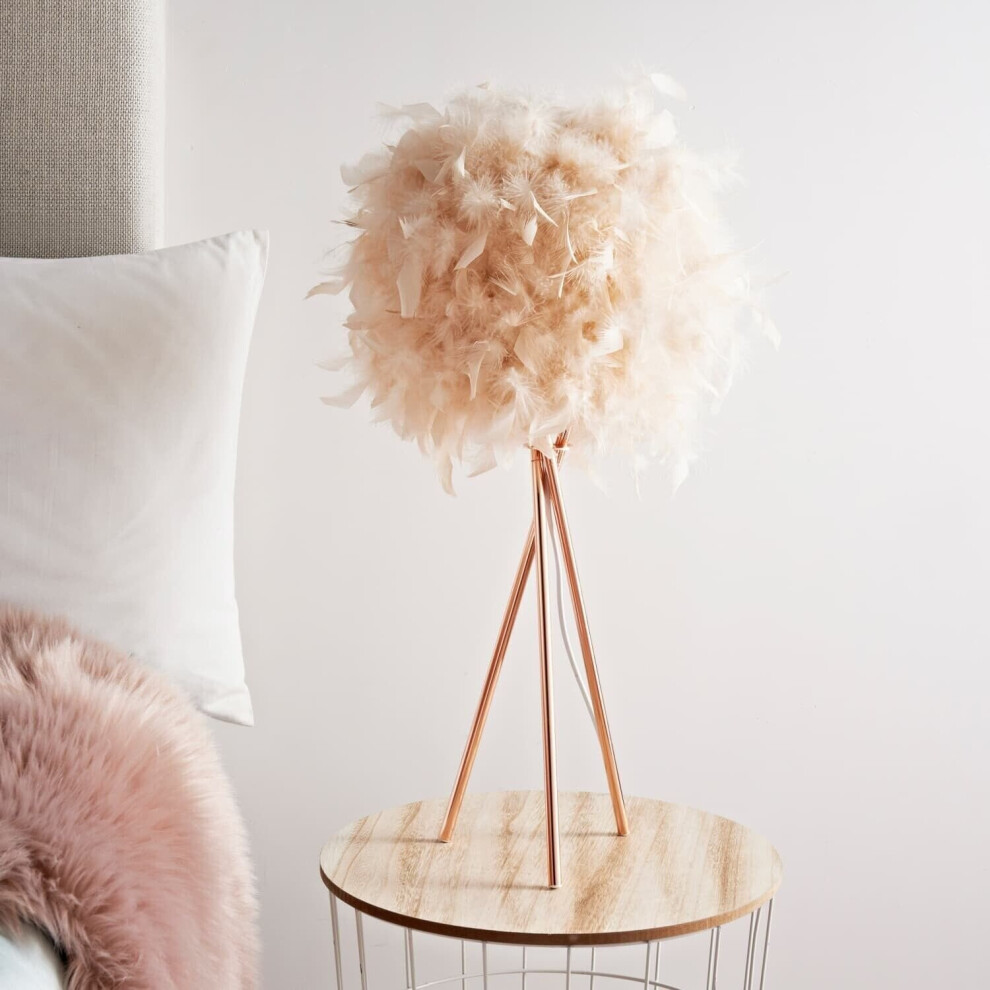 Feather Lamp Rose Gold Tripod Legs Blush Corner Bedside Table Lamp 62cm