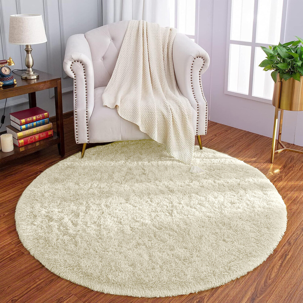 (120cm x 120cm (4ft x 4ft)-Round Rug, Cream) Non Slip Rug  Area Rug Living Room Bed Room