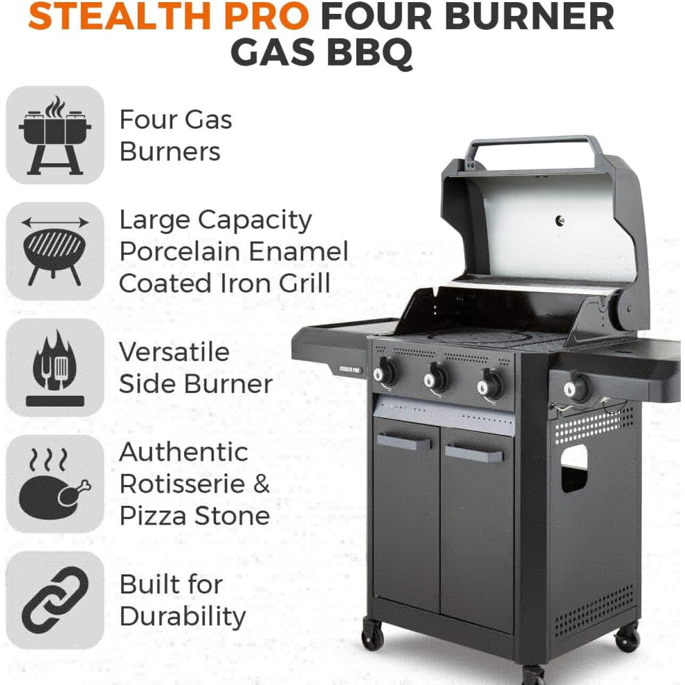 Tower T978525 Stealth Pro Four Burner Gas BBQ with Side Burner, Rotisserie Kit and Pizza Stone, Black