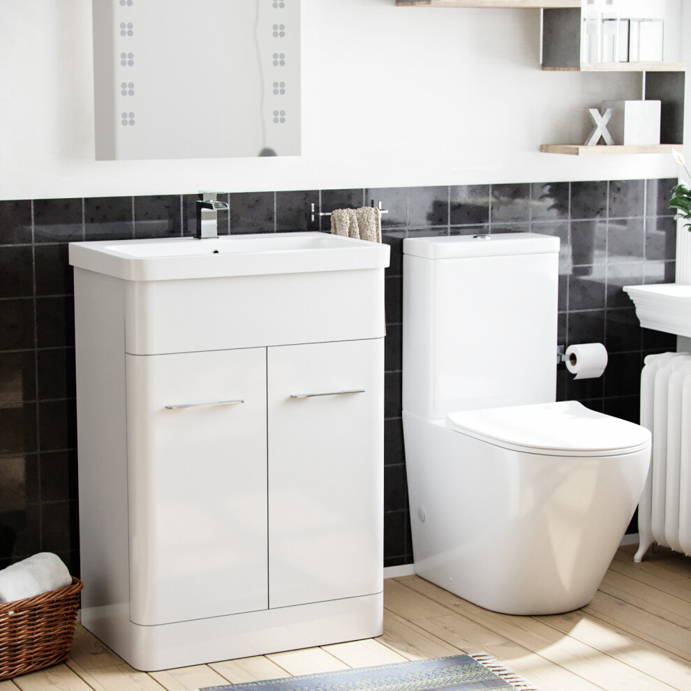 Lex 600mm Basin Vanity Unit & Close Coupled Toilet Bathroom Suite White
