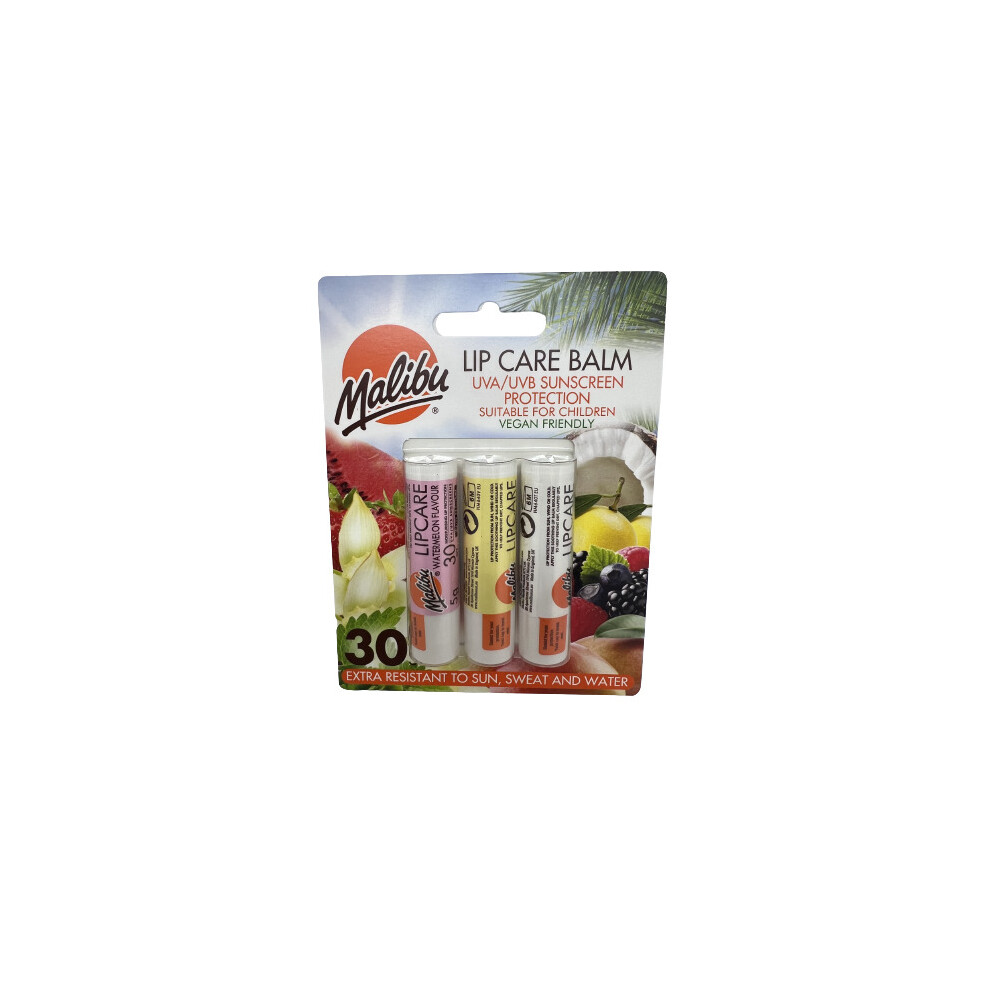 Malibu Lip Balm SPF 30 Watermelon Vanilla Tropical 3 x 5g