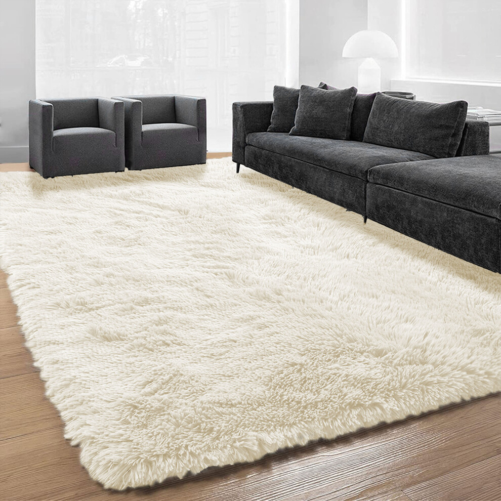 (Cream, 120 X 170 cm) Fluffy Rugs Anti-Slip Large Shaggy Rug Super Soft Mat Living Room Bedroom Carpet