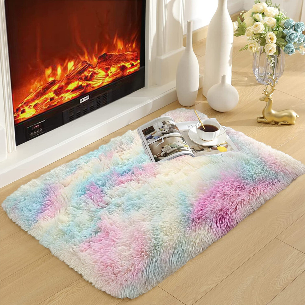 (Rainbow, 60 X 110 cm) Fluffy Rugs Anti-Slip Large Shaggy Rug Super Soft Mat Living Room Bedroom Carpet