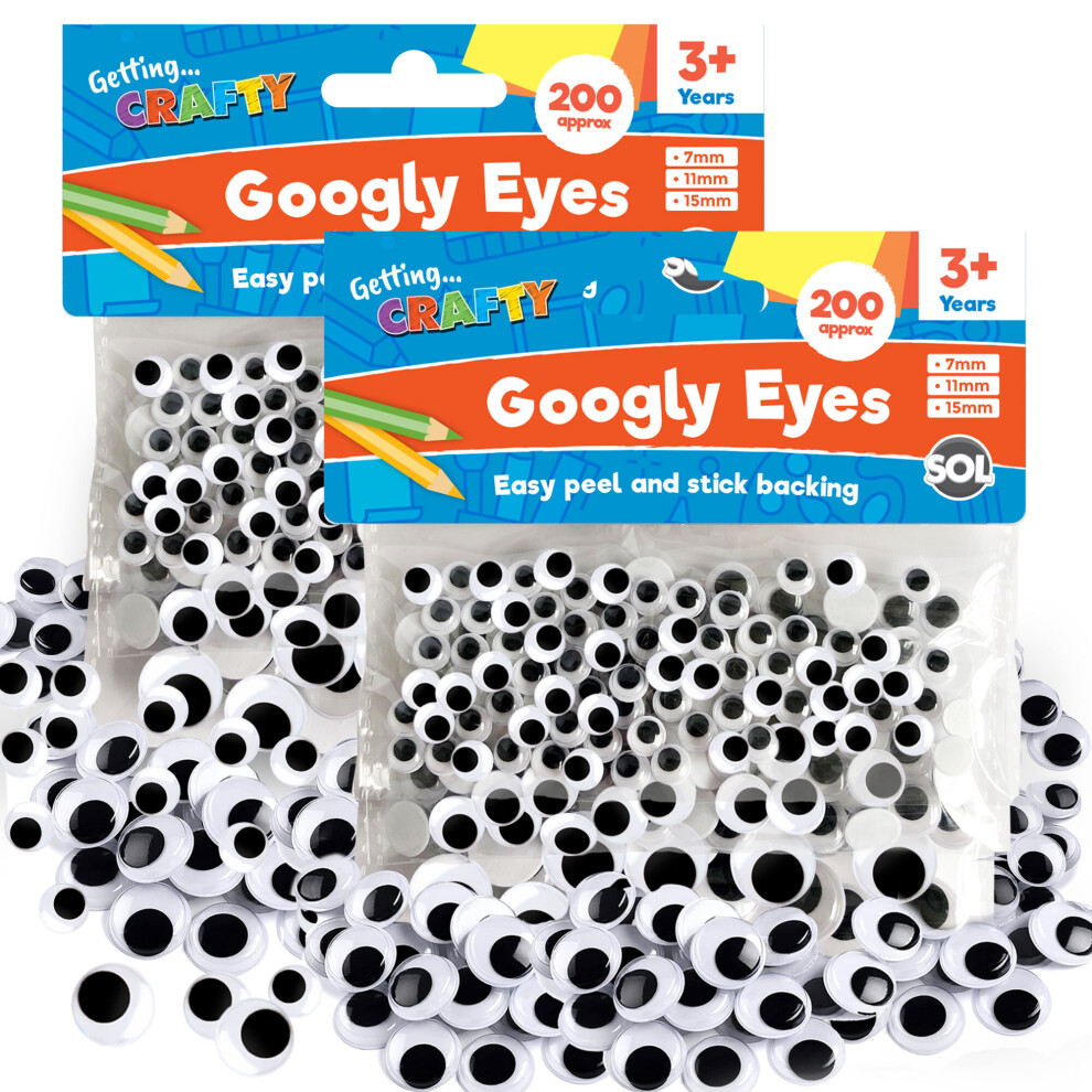 (400 units (2 x 200pk)) 200-1200 Self Adhesive Googly Eyes Stick 7,11,15mm