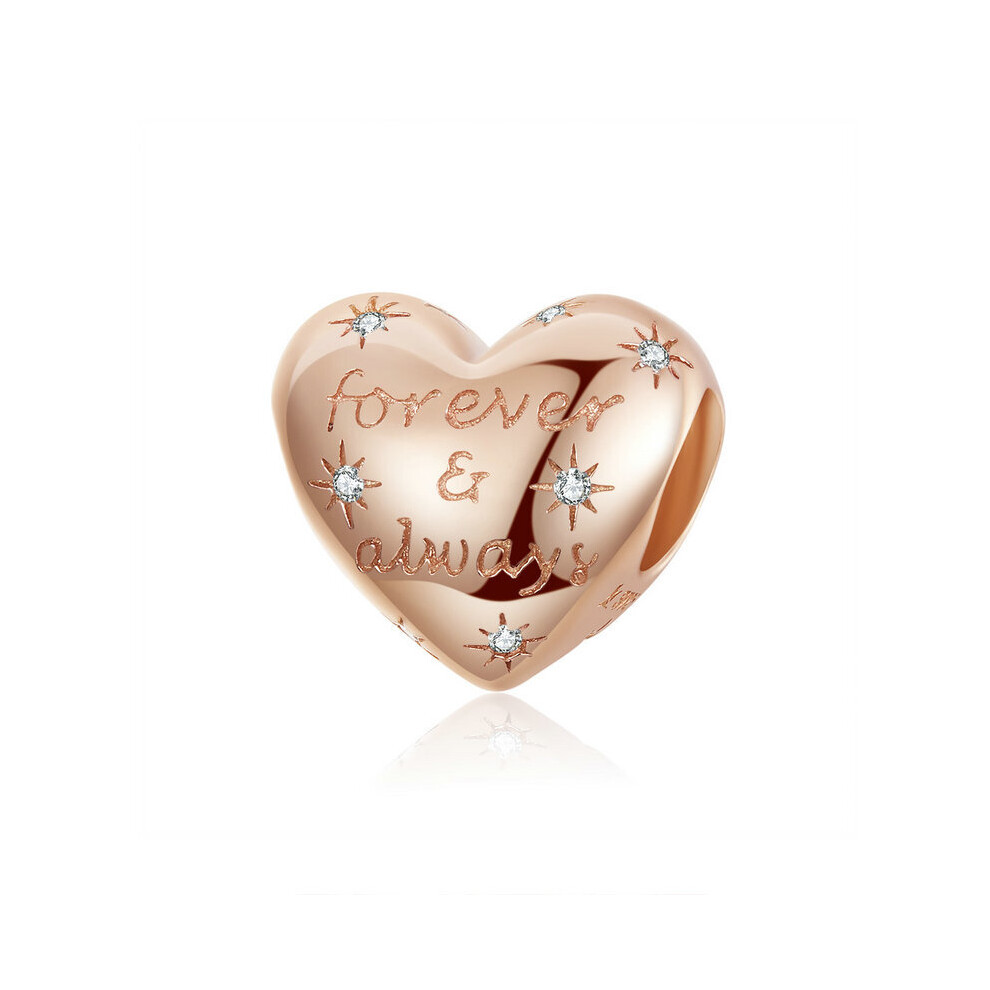 Forever & Always Charm Bead Rose Gold Love Heart With Cubic Zirconia Genuine 925 Sterling Silver Compatible With Pandora Bracelets