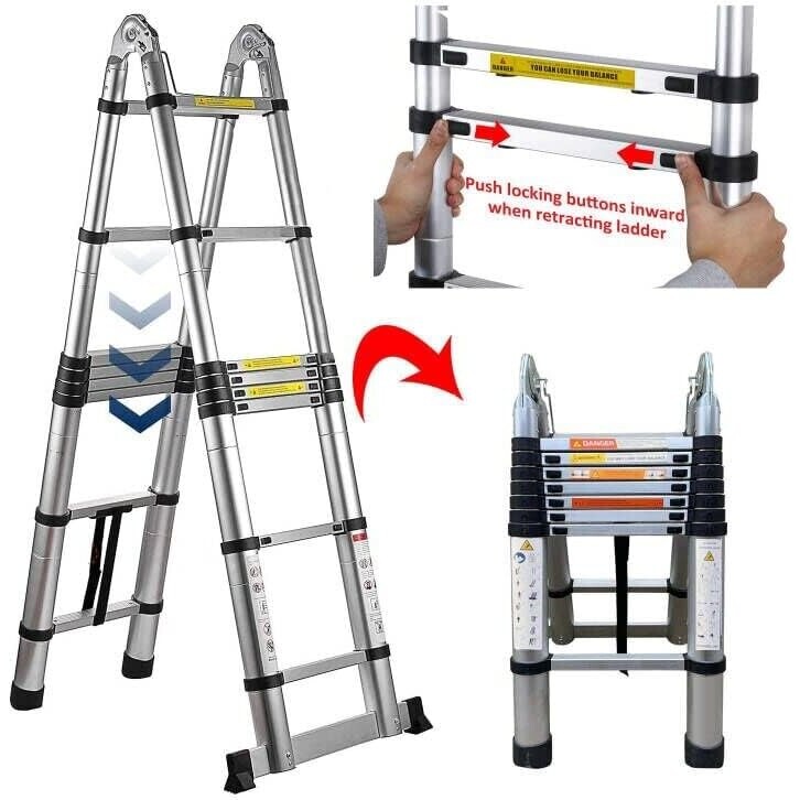 Telescopic Ladder 5M with Stabiliser, Multi-Purpose Foldable Step ...