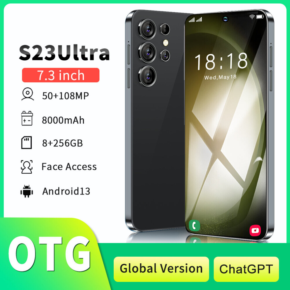 (Black) S23 Ultra Smartphone 5G 7.3inch 8+256GB ChatGPT 8000mAh Android13 