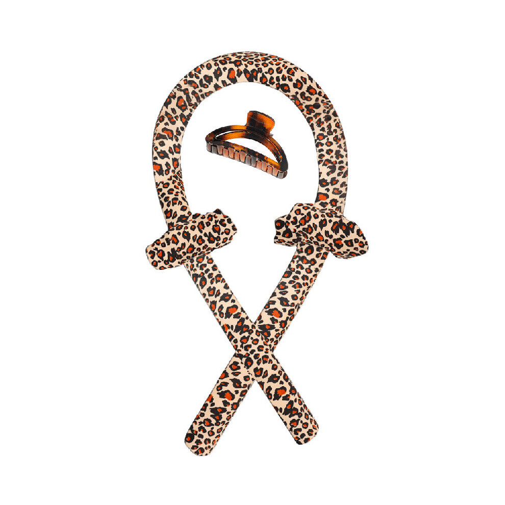 (Leopard Print, Set-4pcs(1*Curl Stick+2*Hair Ring+1*Hairpin)) Silk Women Girls Ribbon Hair Curler Heatless Curling Rod Headband Former Wave