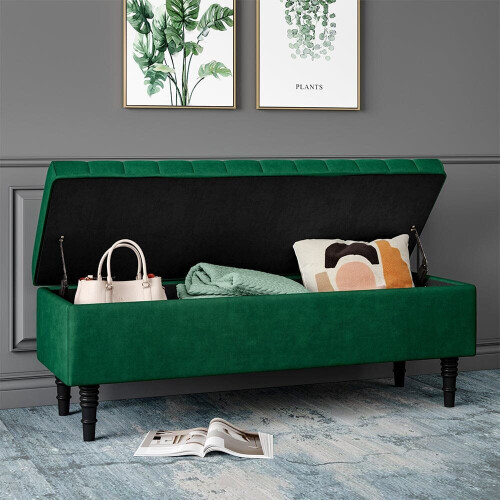 Living And Home Velvet Upholstered Storage Ottoman Modern Classic Entryway Bench 1
