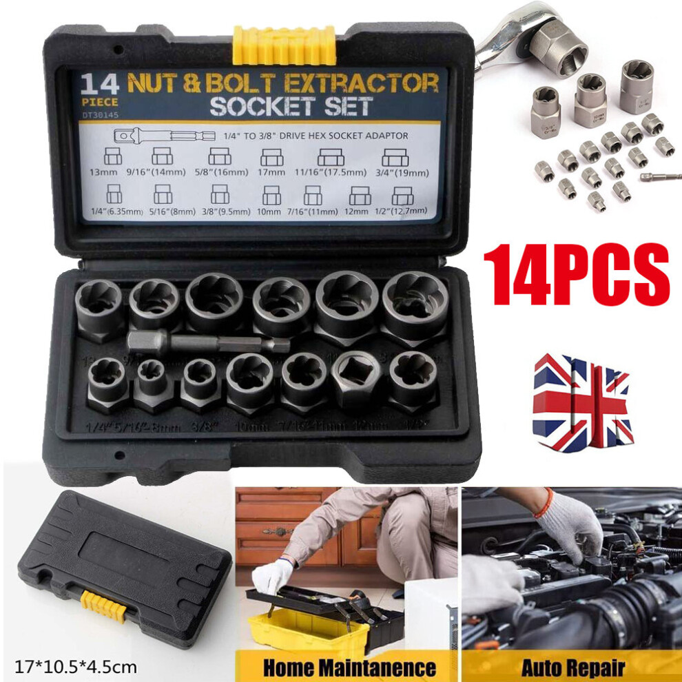 14X 3/8" Locking Wheel Nut Remover Tool Set Bolt Impact Twist Socket Extractor 097326020027