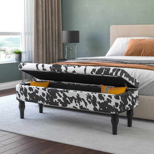 Living And Home Velvet Storage Bench Cow Print Upholster Storage Footstool 1
