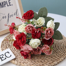 (White Red) Artificial 21 Heads Silk Flowers Rose Bunch Bouquet Wedding Home Decor Outdoor
