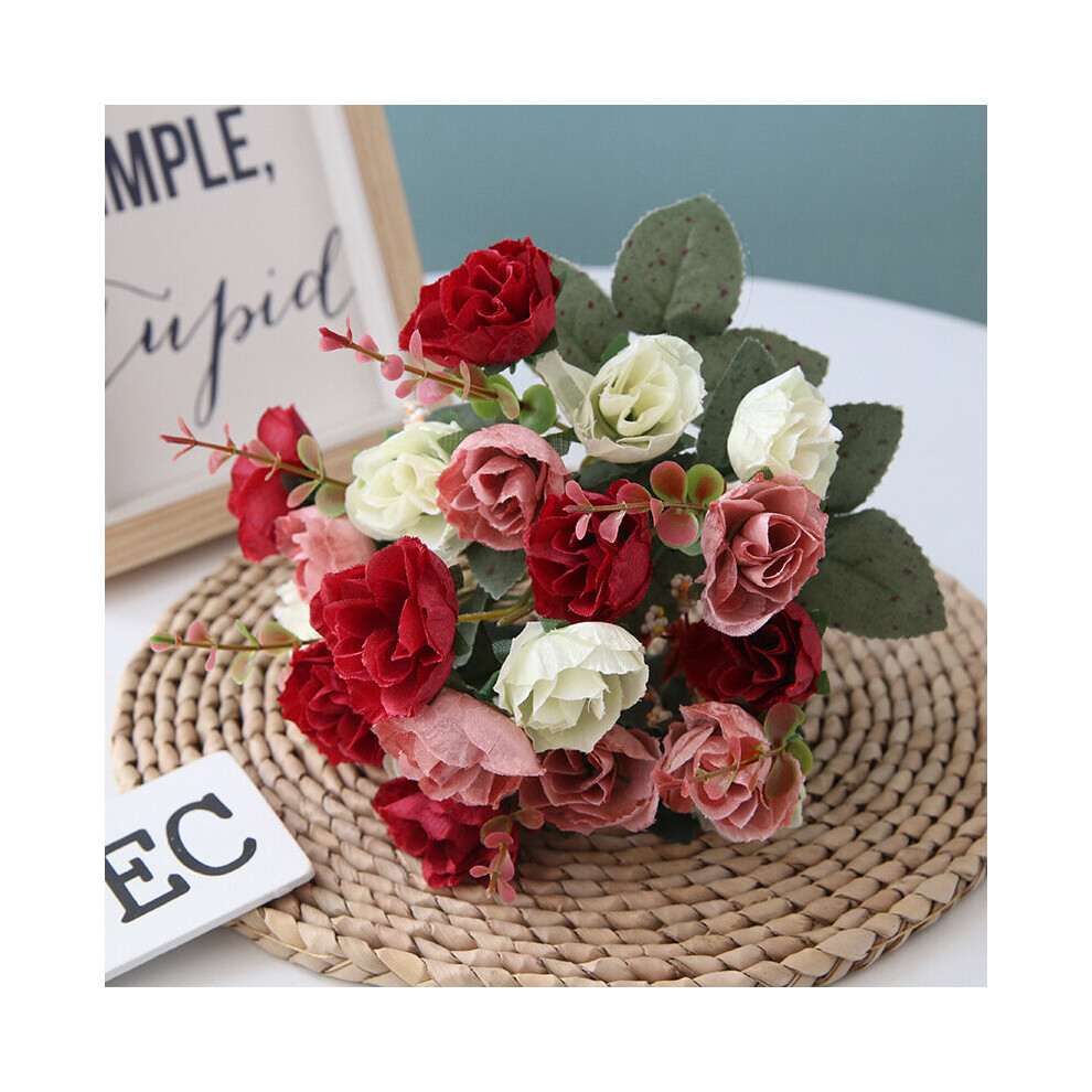(White Red) Artificial 21 Heads Silk Flowers Rose Bunch Bouquet Wedding Home Decor Outdoor
