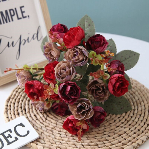 (Wine Red) Artificial 21 Heads Silk Flowers Rose Bunch Bouquet Wedding Home Decor Outdoor