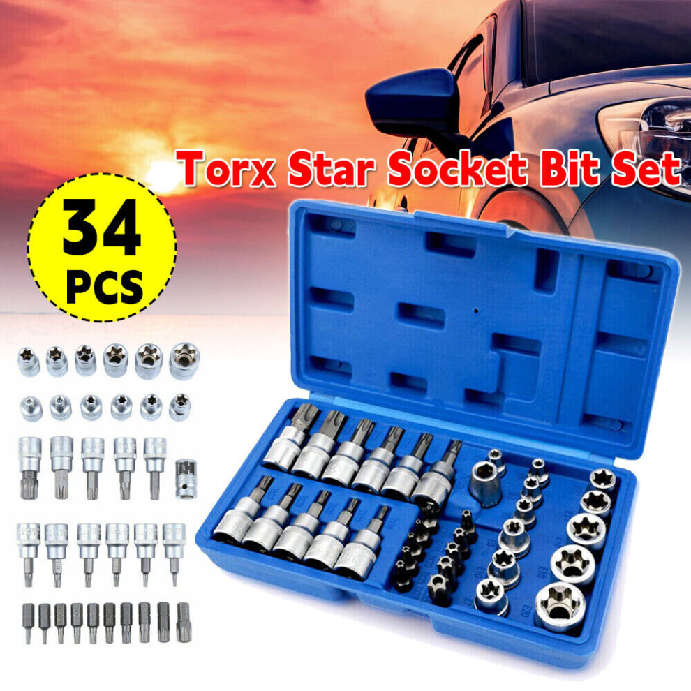 34pcs Torx Star Socket & Bit Set Male Female E & T Sockets with Torx Bits