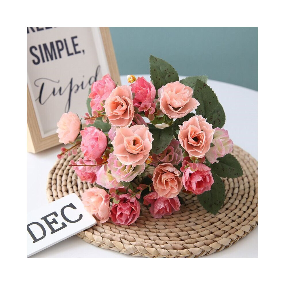(Pink) Artificial 21 Heads Silk Flowers Rose Bunch Bouquet Wedding Home Decor Outdoor