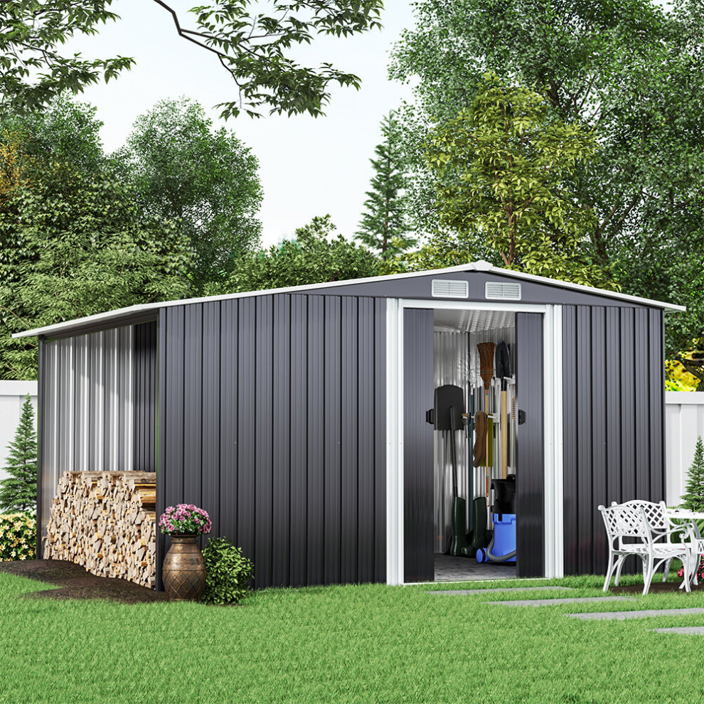 8ft x 6ft Metal Garden Tools Shed With Firewood Log Storage-Dark Grey