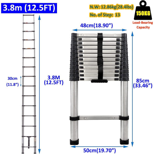 Telescopic Ladder 3.8M, Portable Attic Ladders, Heavy Duty Steel