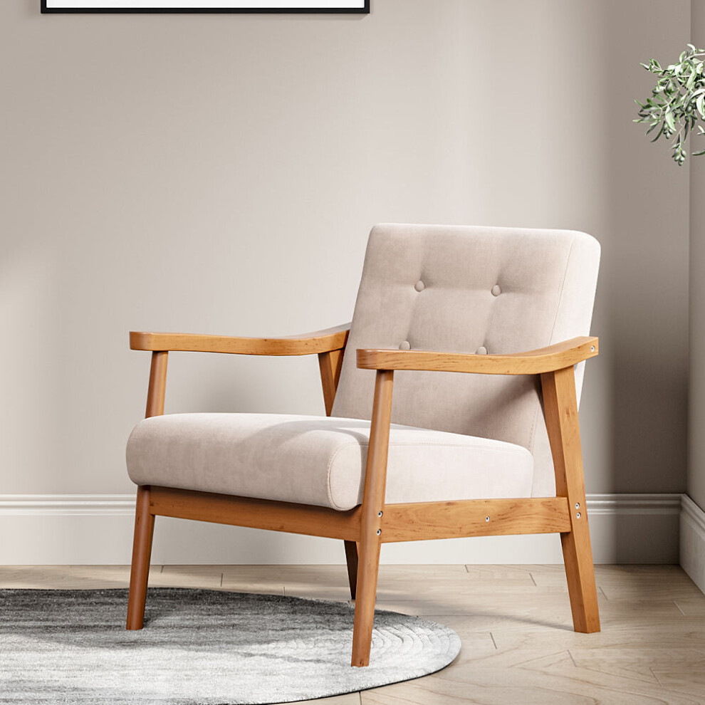 (Beige) Wooden Frame Leg Couch Linen Chair Armchair Fireside Solid Wood Vintage