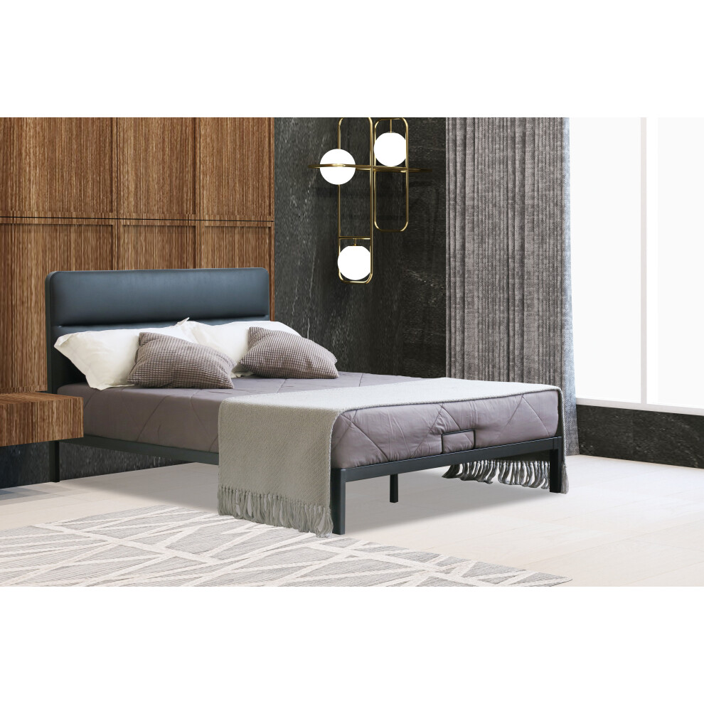 (Black, Amelia Mattress) Metal Bedframe with Faux Leather Headboard