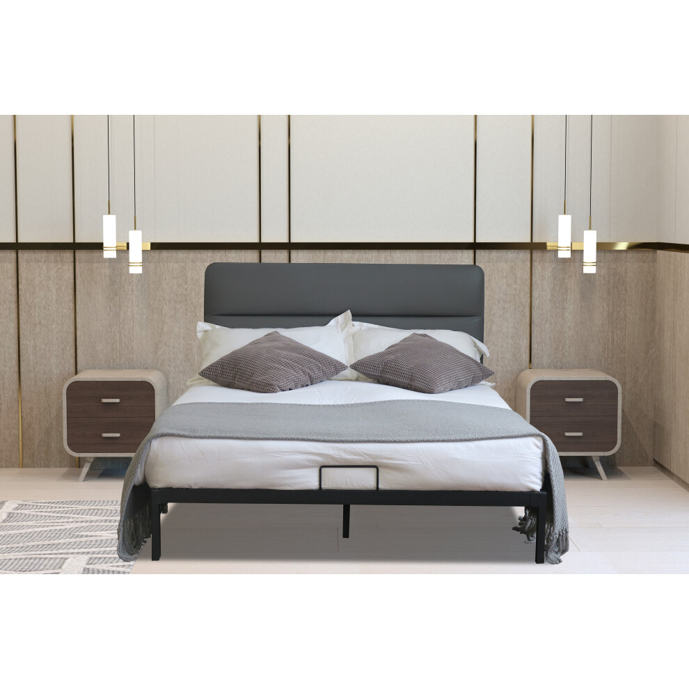 (Grey, Ivy Mattress) Metal Bedframe with Faux Leather Headboard