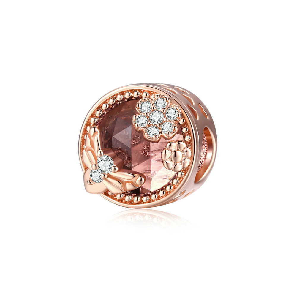 Honey Bee & Flower Charm Bead Rose Gold With Cubic Zirconia Genuine 925 Sterling Silver Compatible With Pandora Bracelets