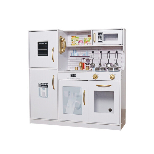 (White/Gold Edition) Large Kids Wooden Kitchen Play Set Kitchen Role Play Set With Utensils & Pans