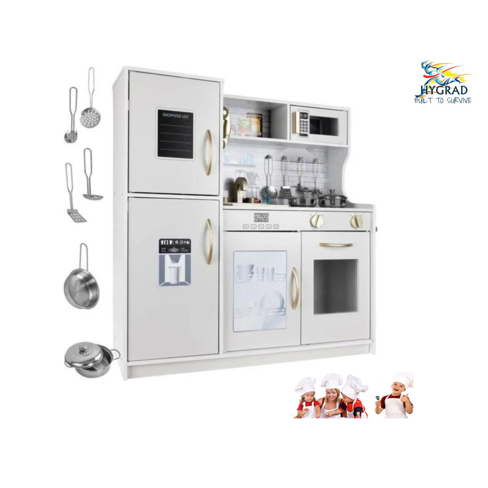 (White/Gold Edition) Large Kids Wooden Kitchen Play Set Kitchen Role Play Set With Utensils & Pans