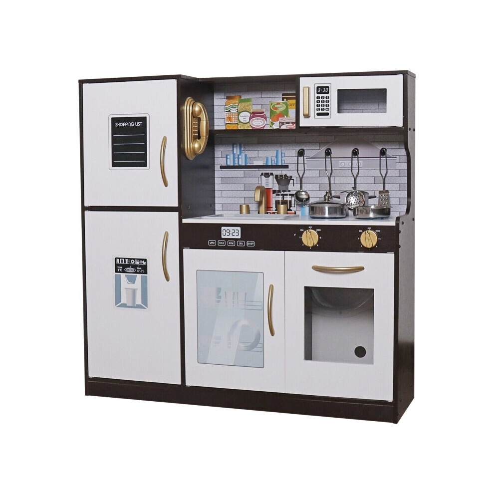 (White/Brown Edition) Large Kids Wooden Kitchen Play Set Kitchen Role Play Set With Utensils & Pans 