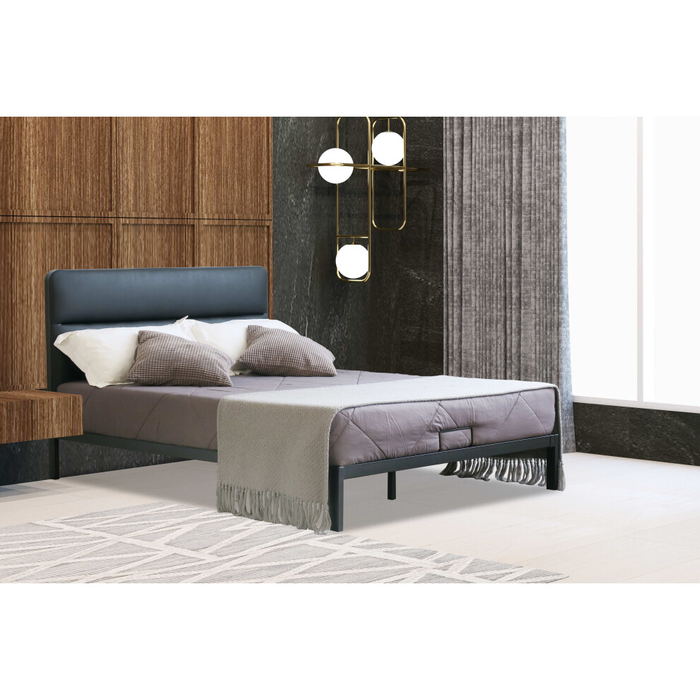 (Black, Leila Mattress) Metal Bedframe with Faux Leather Headboard