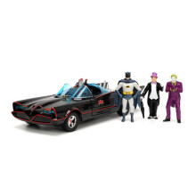 1966 klassisches Batmobil mit Batman aus Druckguss, dem Joker, dem Pinguin und dem Plastik-Robin, der im Auto sitzt. Batman-Fernsehserie (1966)