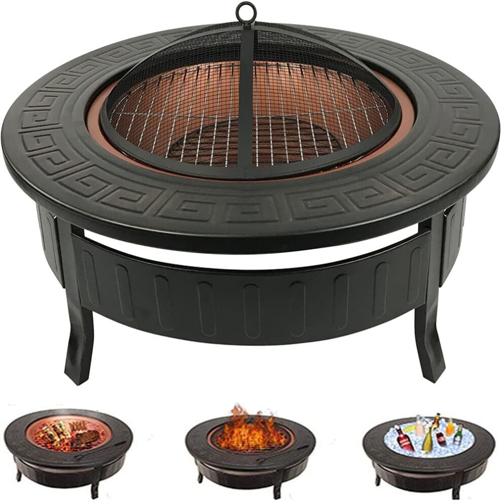 RayGar 3 in 1 Round Fire Pit BBQ Ice Pit Patio Heater Stove Brazier Metal Outdoor Garden Firepit + Protective Cover