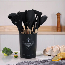 (Black) 11-piece Silicone Kitchen Utensil Set for Nonstick Cookware Non-stick Spatula Bakeware Accessories