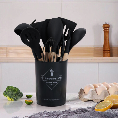 (Black) 11-piece Silicone Kitchen Utensil Set for Nonstick Cookware Non-stick Spatula Bakeware Accessories