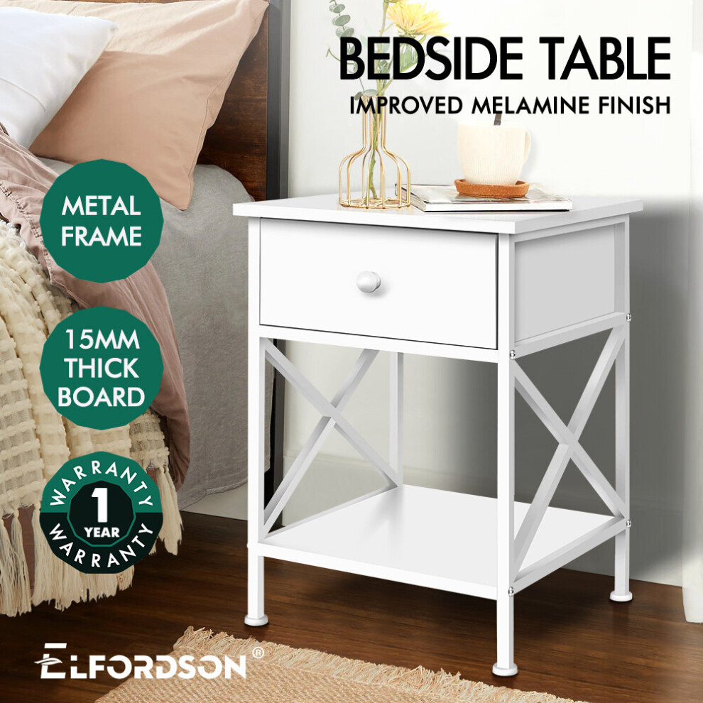 (Coye - 1 Drawer (White)) ELFORDSON Bedside Table Retro Wooden Nightstand Vintage Storage Side Cabinet