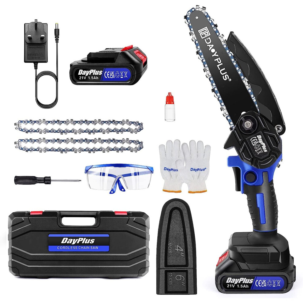 (6 Inch with 1 Battery) 21V/550W Mini Chainsaw 4+6'' Cordless Powerful Electric Chain Saw Battery for Makita One-Handed Chainsaw