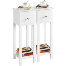 2x White Slim Bedside Table Narrow Wooden Nightstand with Drawer&Shelf