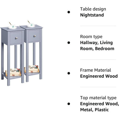 2x Slim Bedside Table Nightstand w/ Drawer Narrow Side Table Grey on OnBuy