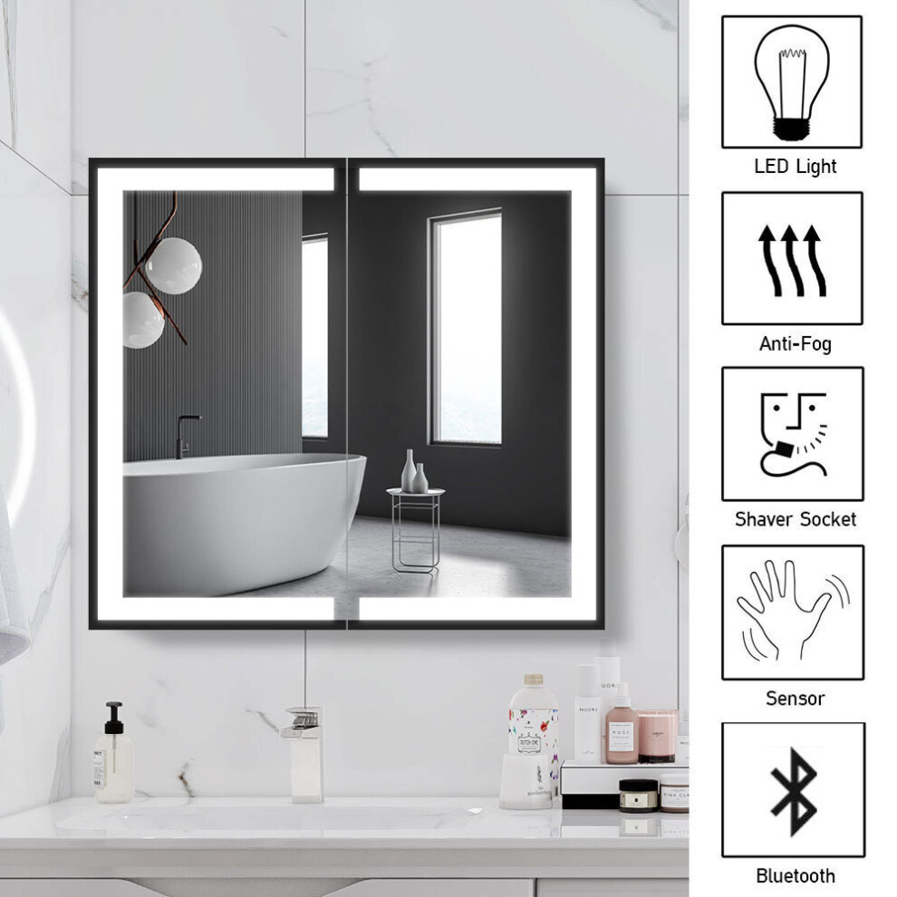 Double-Sided Door LED Bathroom Cabinet Mirror with Shaver Socket & Bluetooth Speaker