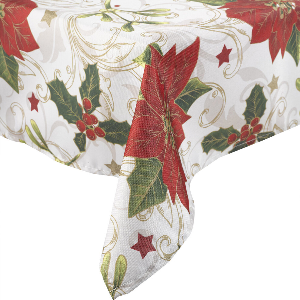 (70" x 90") Christmas Tablecloth Holly Poinsettia Festive Dinner Party Linen