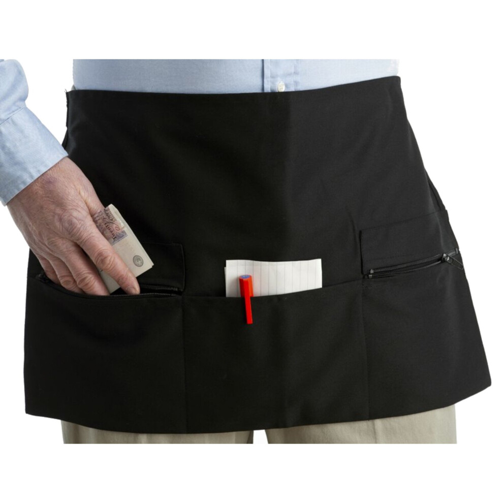 (Single Apron) Professional Waiter Short Black Money Apron Zip Pockets 14" Long