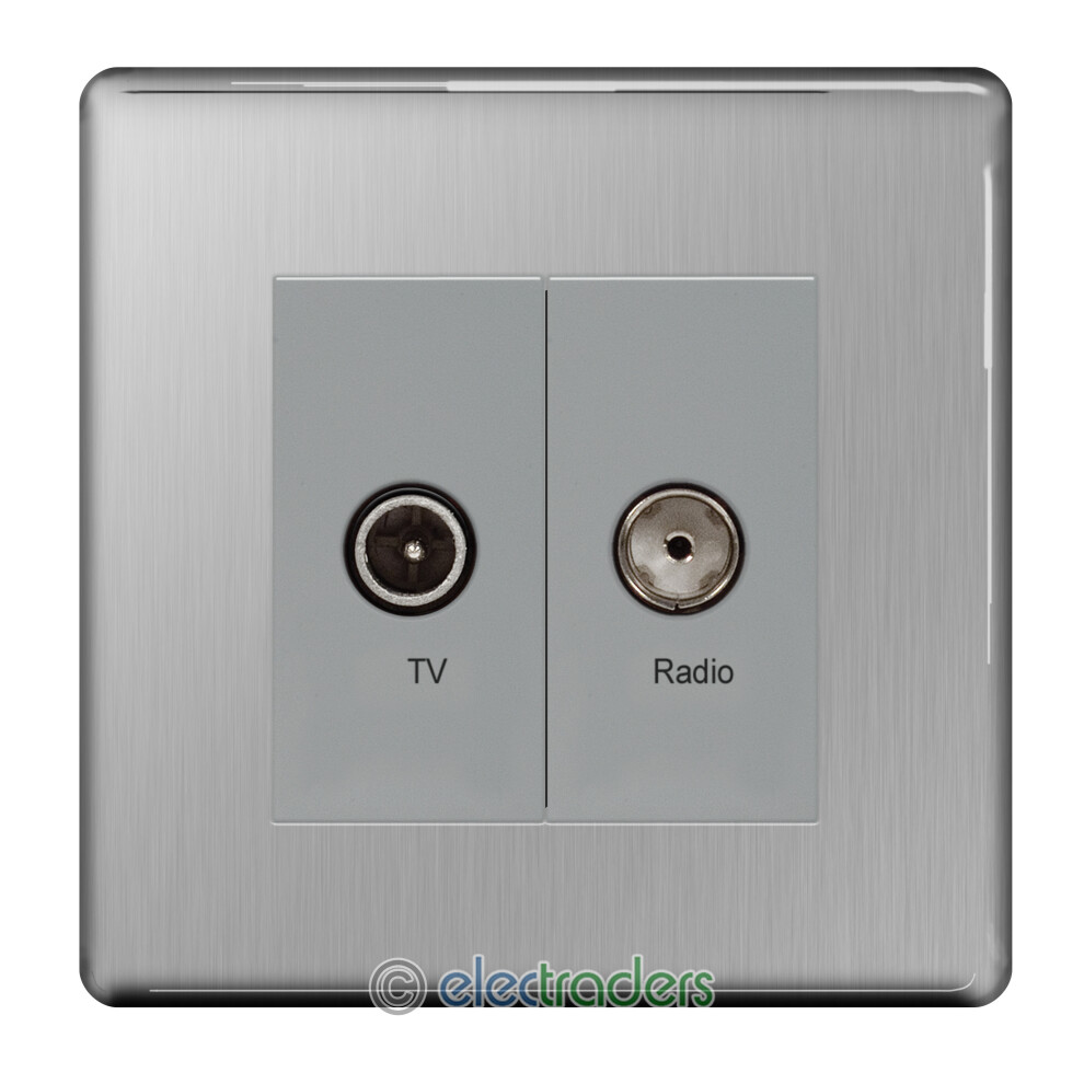 Bg Screwless Flatplate Fbs66 2 Gang Diplex Tv/Fm Socket (Brushed Steel/Grey Insert) 5050765006439